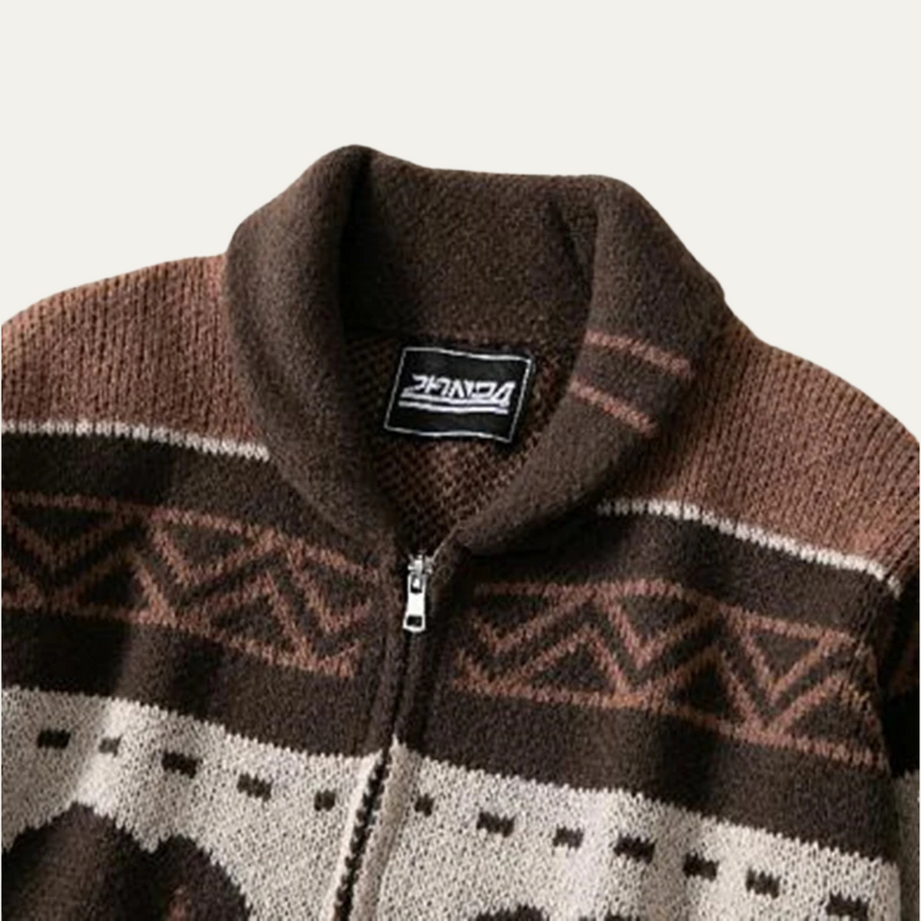 Men's brown retro buffalo print cardigan with zip front and ribbed stand collar
