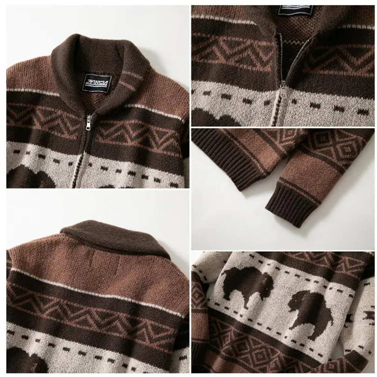 Men's brown retro buffalo print cardigan details: zip front, ribbed cuffs, and knit pattern