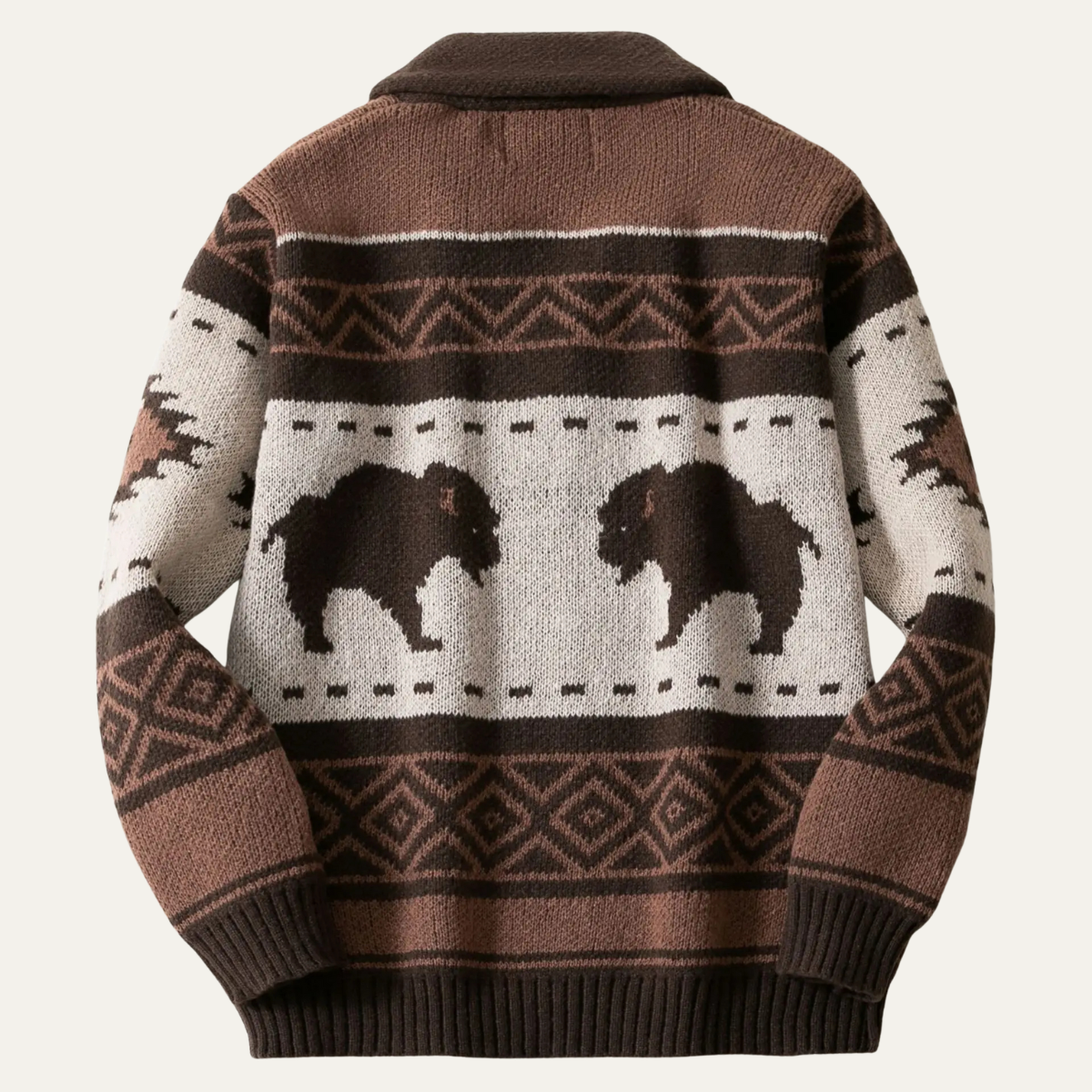Men's brown retro buffalo print cardigan, full-zip knit with patterned yoke and ribbed hem