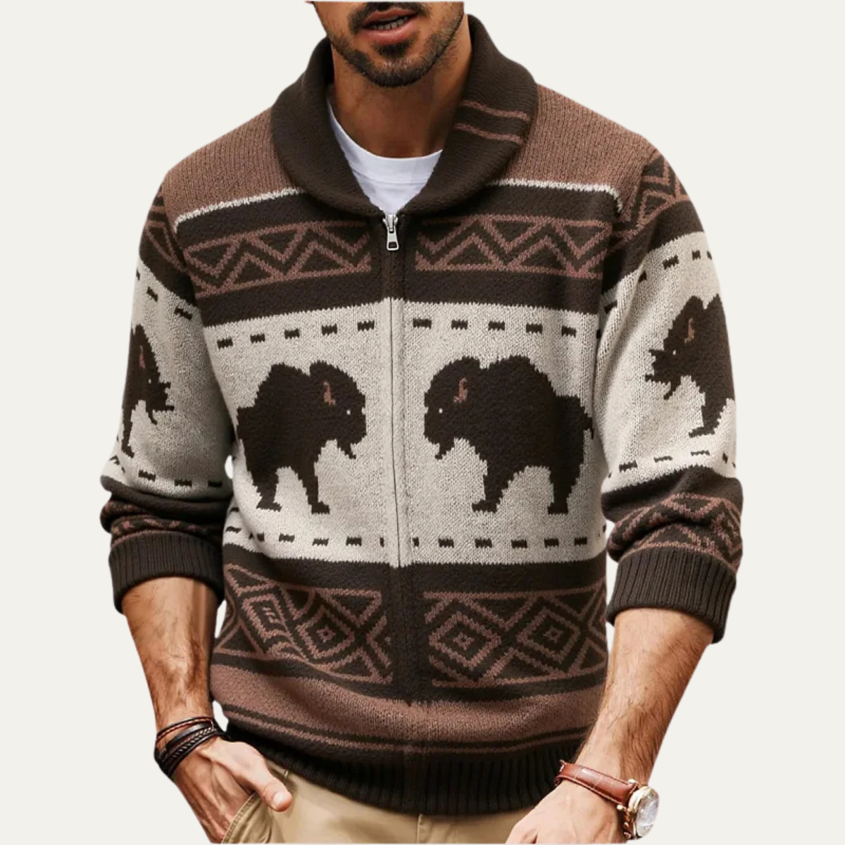 Men's brown retro buffalo print cardigan with full-zip front and ribbed cuffs and hem