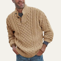 Men's chunky cable knit sweater in khaki with button placket and mock neck (side view)