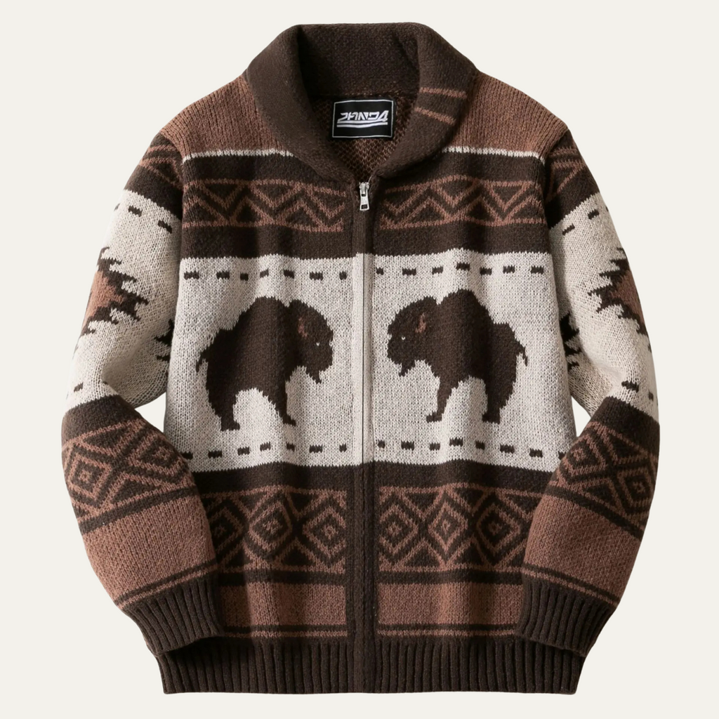 Men's brown retro buffalo print winter cardigan, full-zip knit with ribbed hem and cuffs