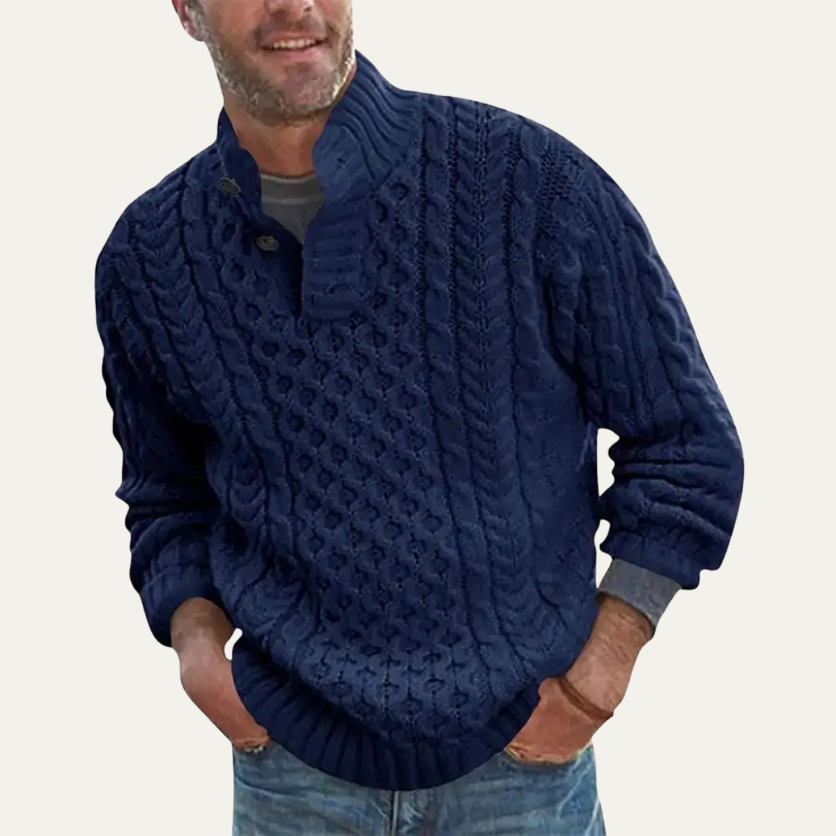 Men's chunky cable knit sweater in blue with button placket and mock neck