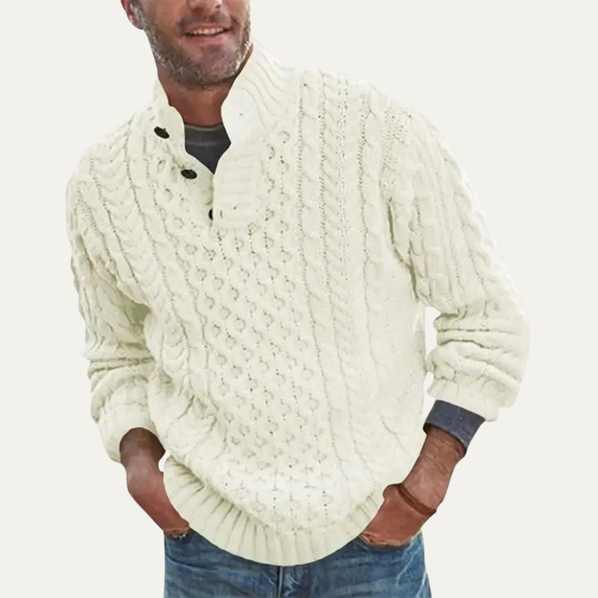 Men's chunky cable knit sweater in white with button placket and mock neck