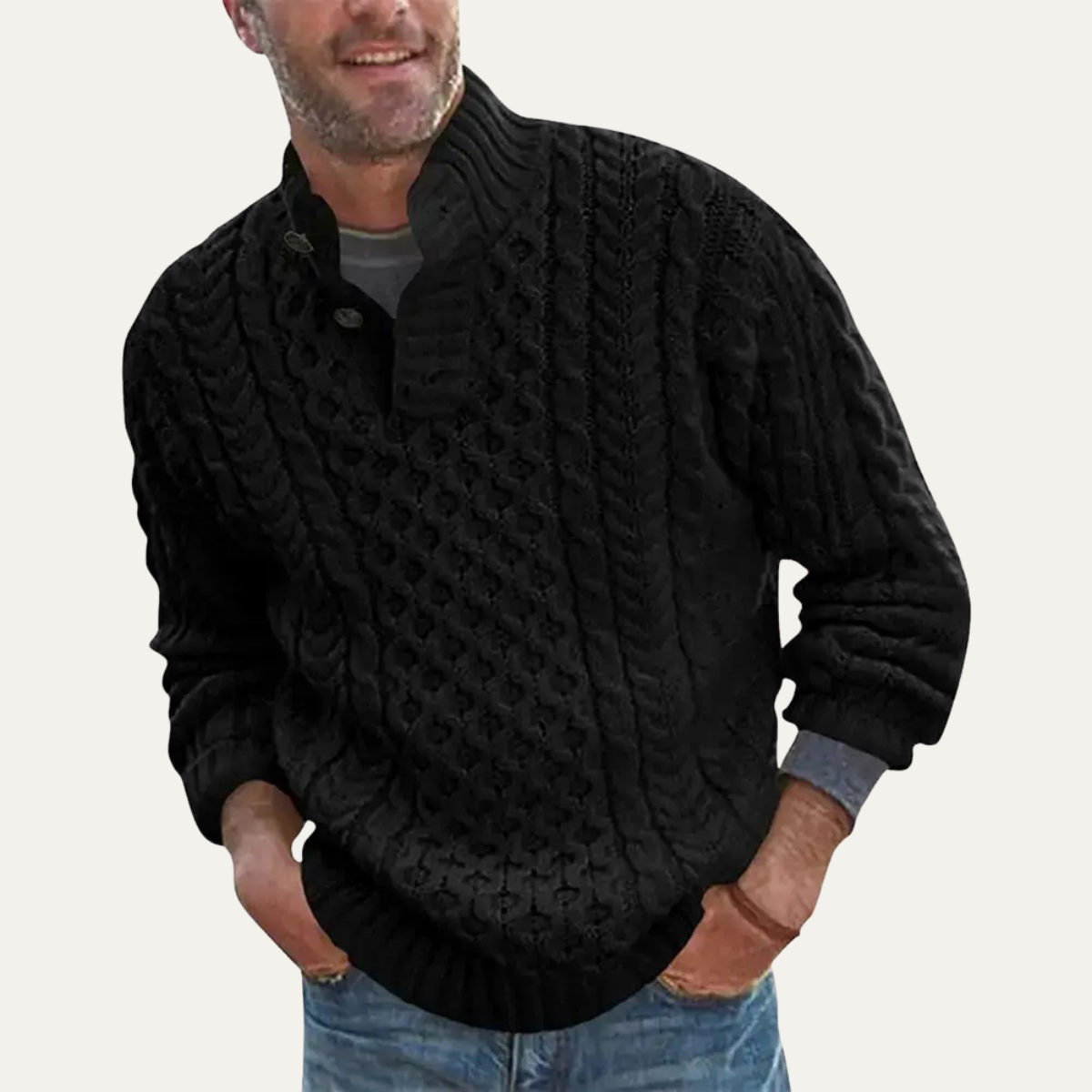 Men's chunky cable knit sweater in black with button placket and mock neck