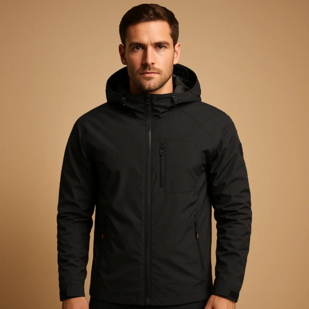 Black hooded windbreaker jacket with full-length zipper and front pockets