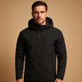 Black hooded windbreaker jacket with full-length zipper and front pockets