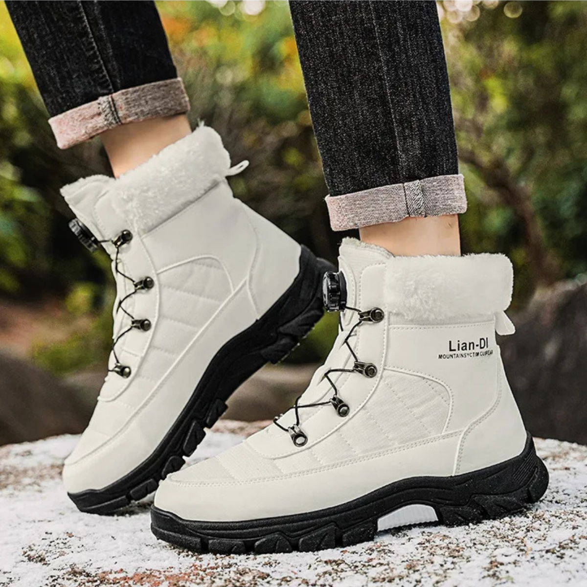 Men's white high-top snow boots with lace-up closure, faux fur lining, and chunky tread