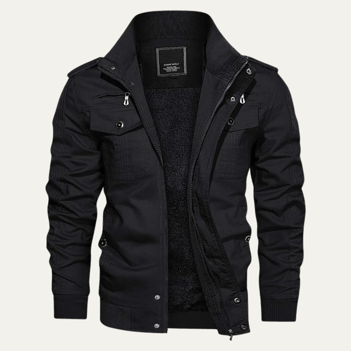 Black men’s thermal zip-up fleece-lined jacket with stand collar and dual chest pockets