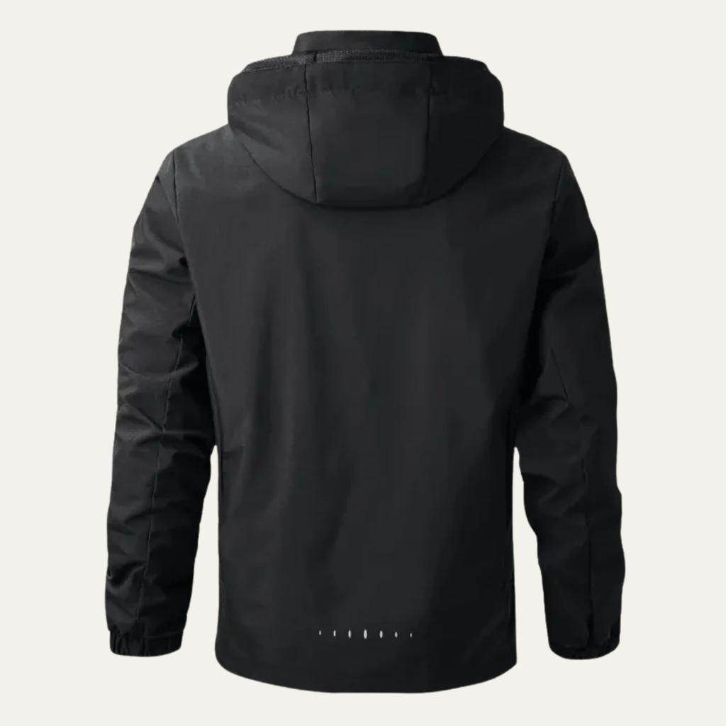 Black back-view hooded rain jacket with adjustable hem and hood
