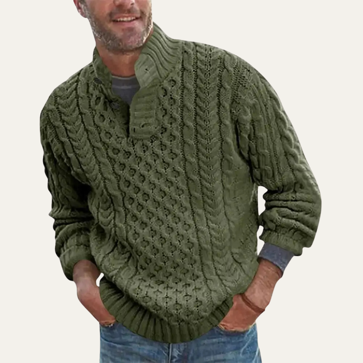 Men's chunky cable knit sweater in army green with button placket and mock neck