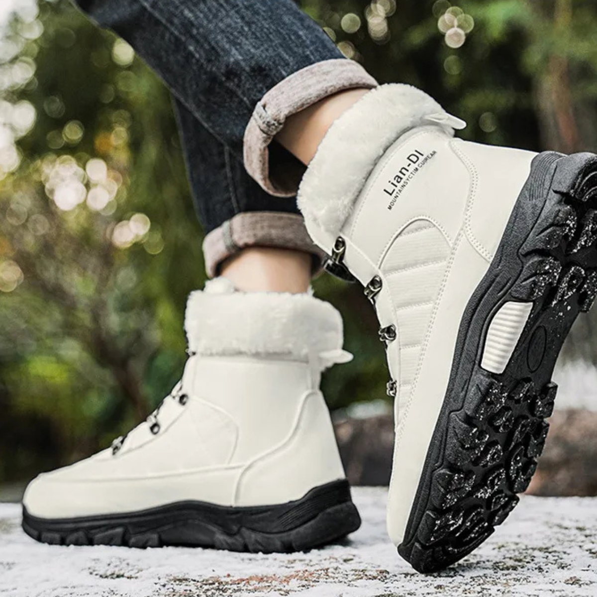Men's white winter snow boots, faux fur collar, lace-up front, and textured traction sole