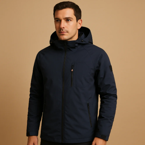 Navy hooded windbreaker jacket with full-length zipper and chest pocket