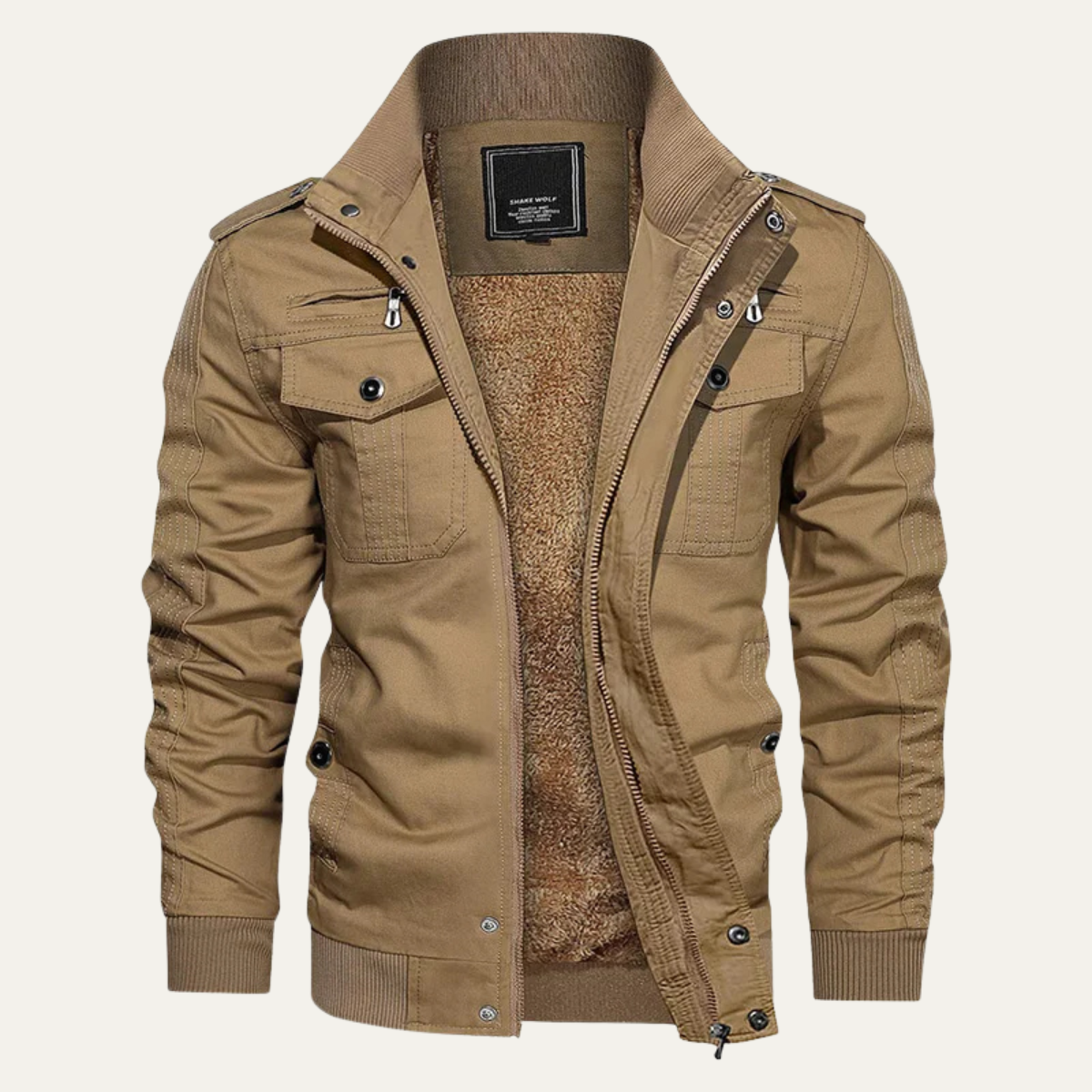 Khaki men’s thermal zip-up fleece-lined jacket with stand collar and chest pockets