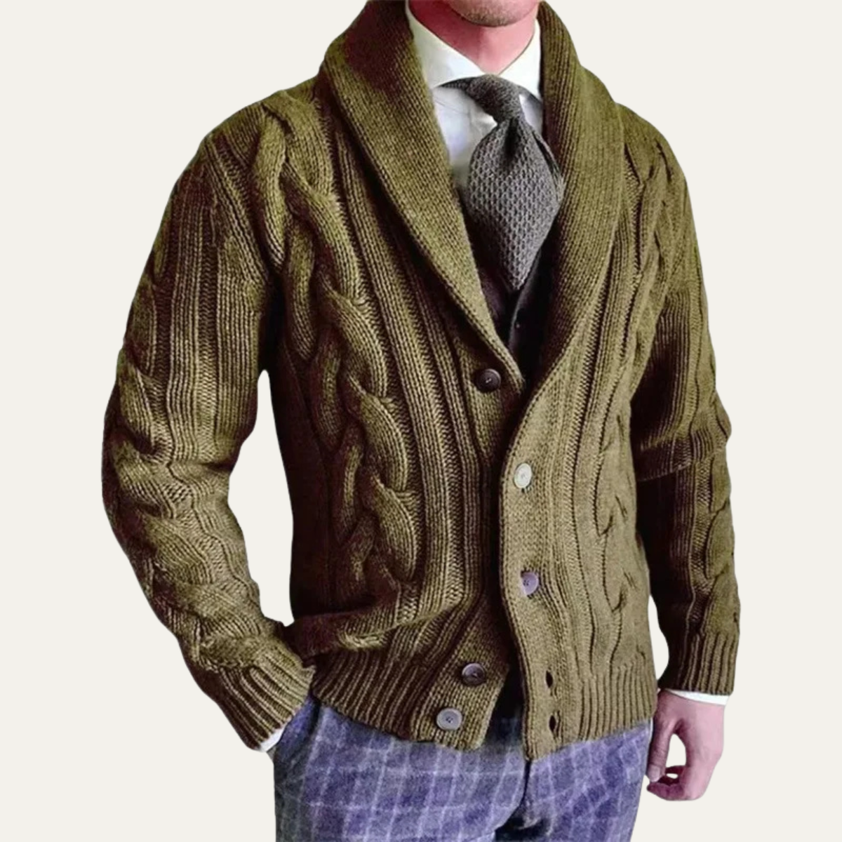 Olive cable knit cardigan with shawl collar and button front, long sleeves
