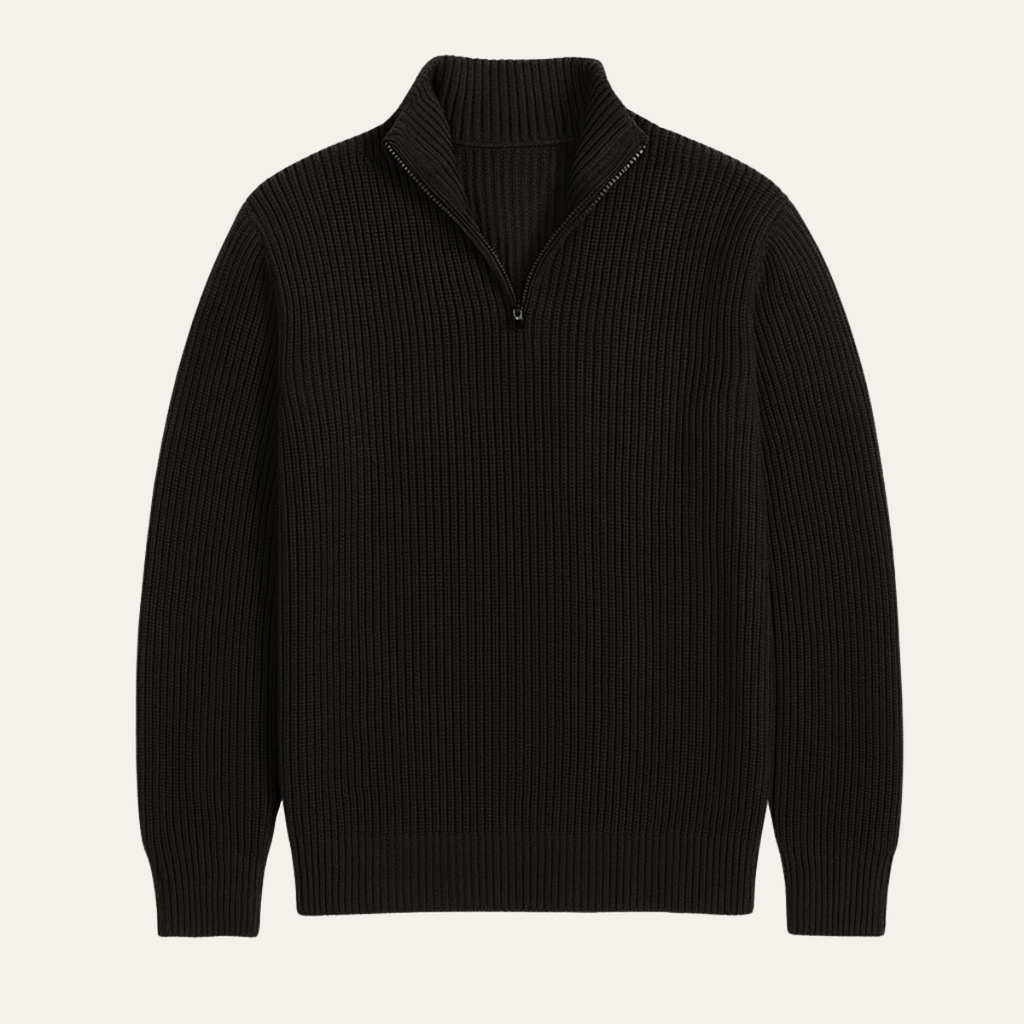 Men’s merino wool half-zip knit sweater, black with ribbed stand collar and cuffs