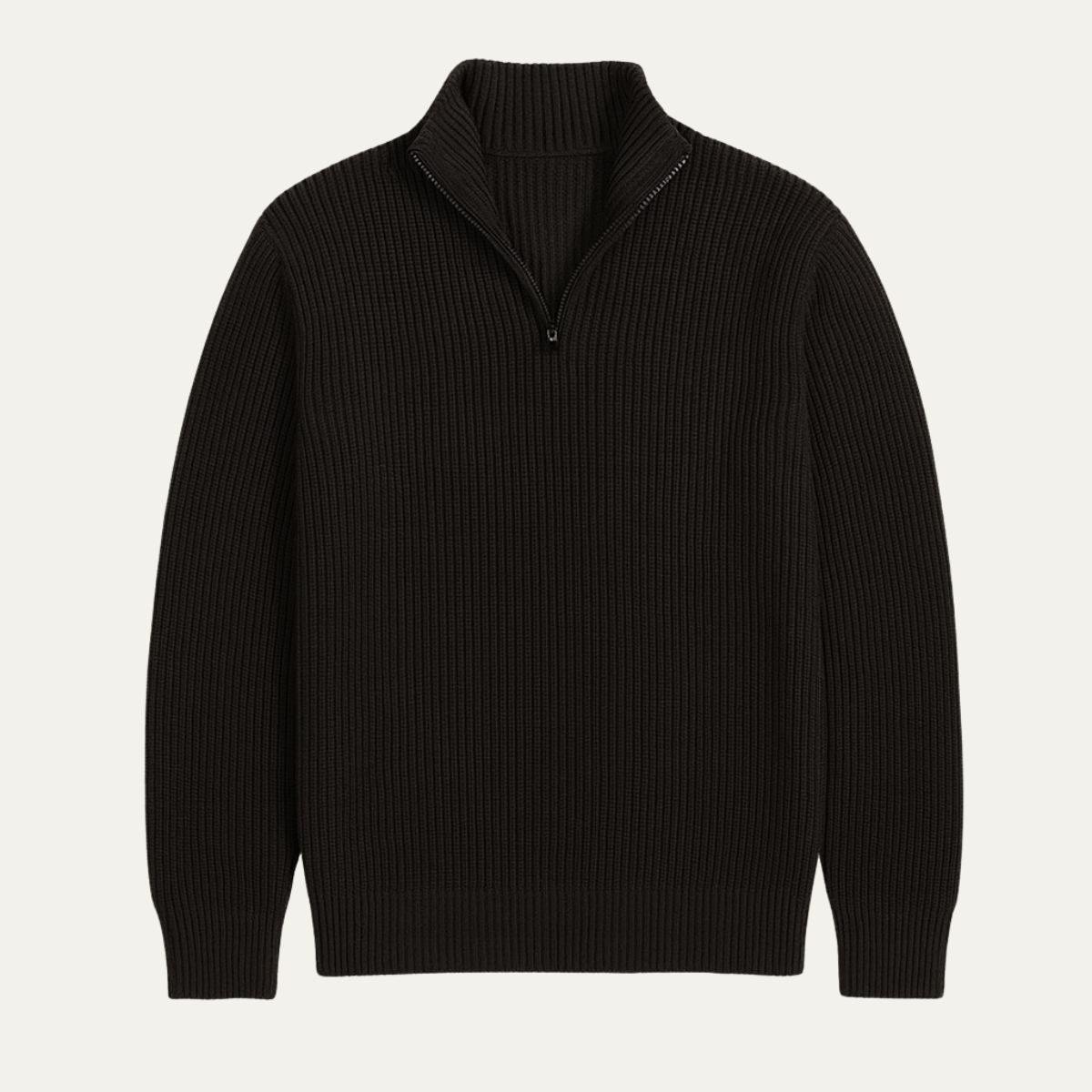Men’s merino wool half-zip knit sweater, black with ribbed stand collar and cuffs