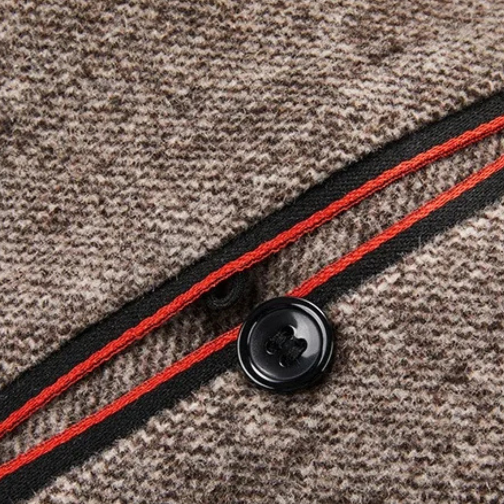 Men's warm fleece blazer detail, black placket with red stripe and black button