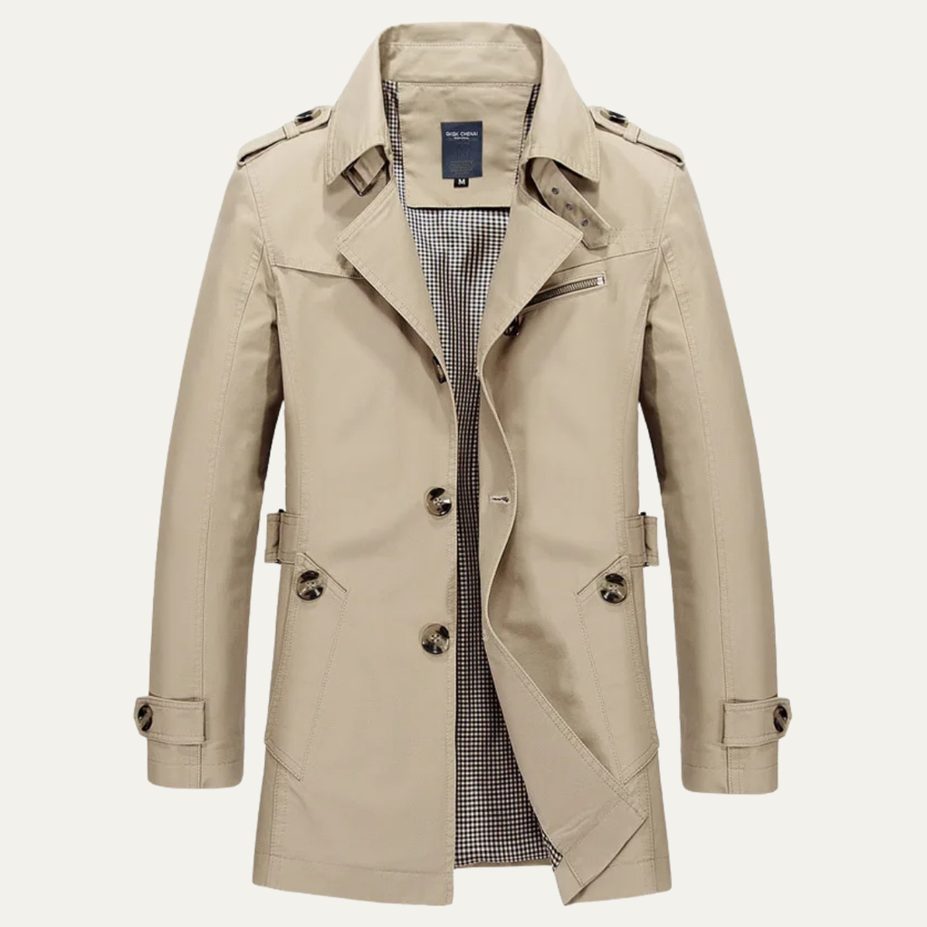 Men's tan double-breasted trench coat with flap pockets and buttoned cuffs