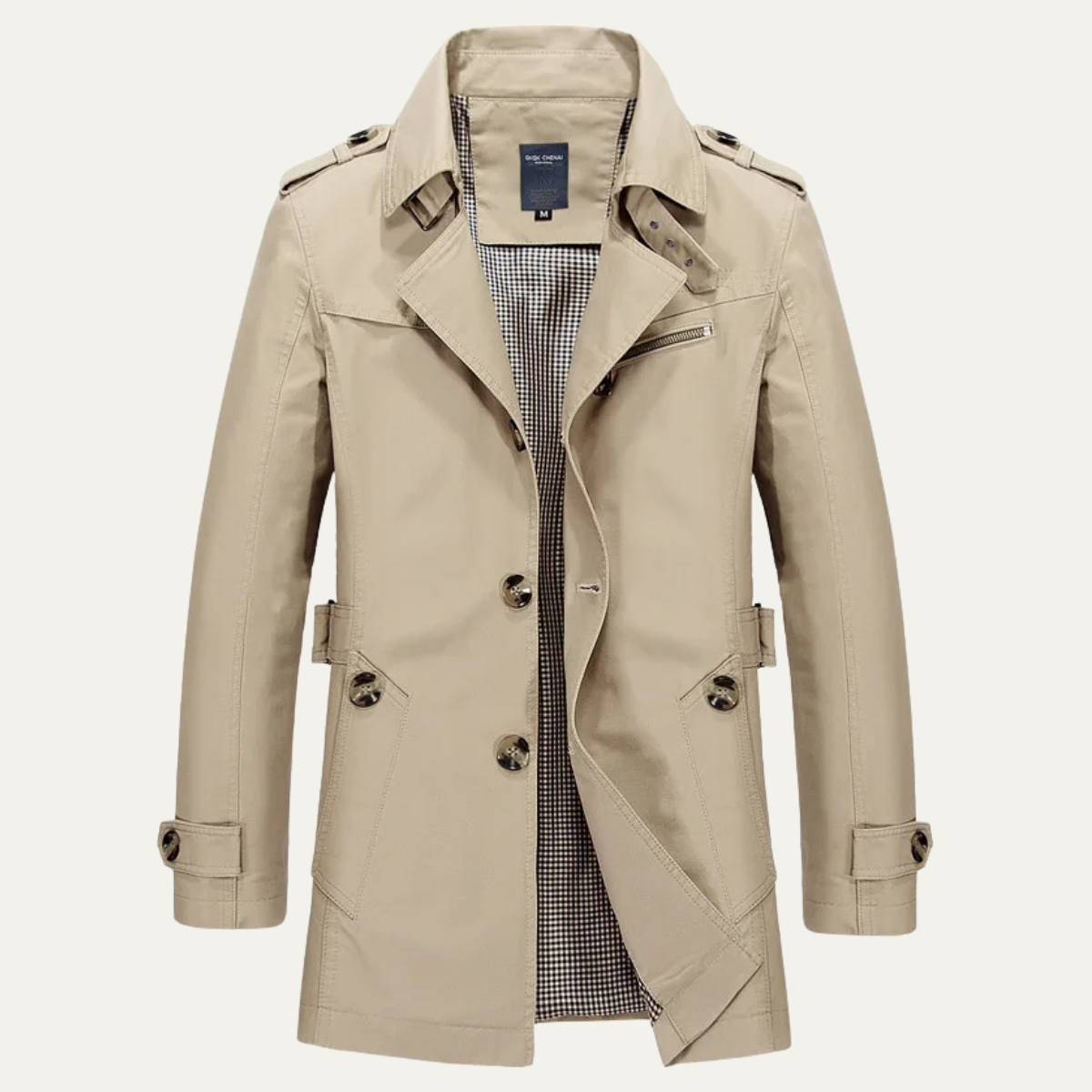 Men's tan double-breasted trench coat with flap pockets and buttoned cuffs