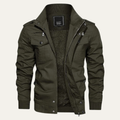 Army green men’s thermal zip-up fleece-lined jacket, stand collar, chest pockets