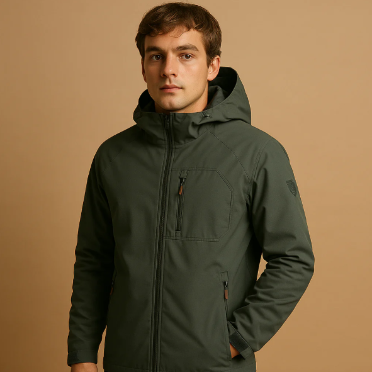 Army green hooded windbreaker jacket with full-length zipper and chest pocket