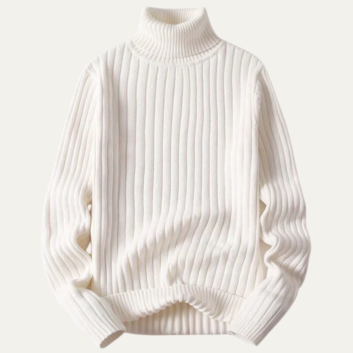 Men's white ribbed turtleneck knit sweater with long sleeves