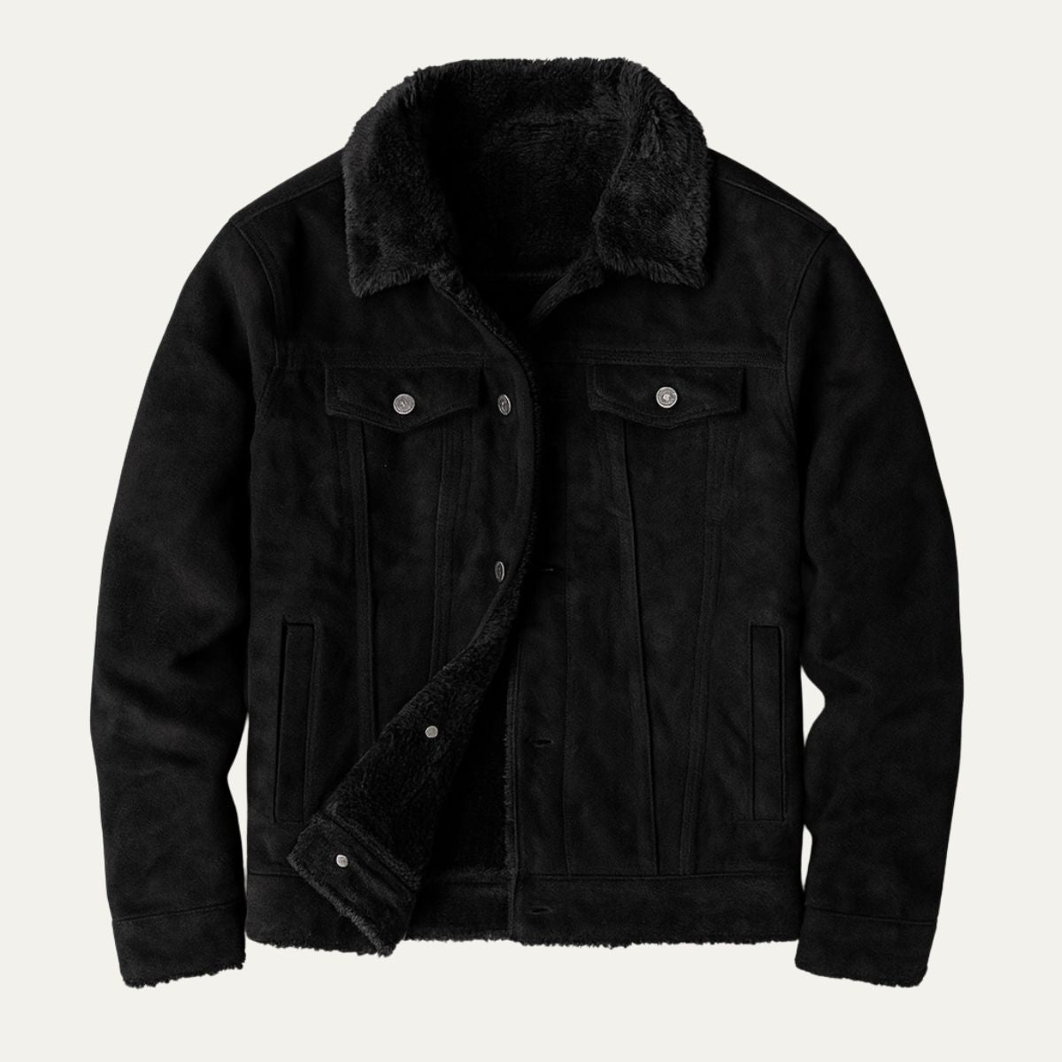 Men's suede sherpa-lined jacket in black, button front, sherpa-trim collar, chest pockets