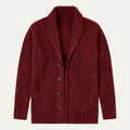 Red chunky knit shawl-collar cardigan with button front and ribbed texture
