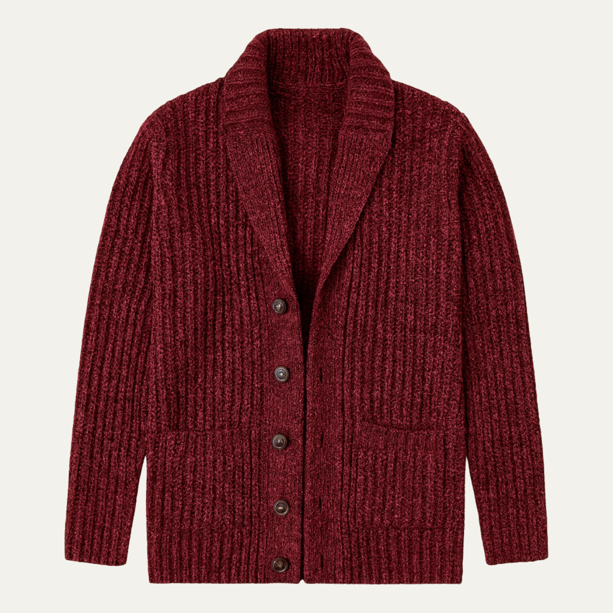 Red chunky knit shawl-collar cardigan with button front and ribbed texture