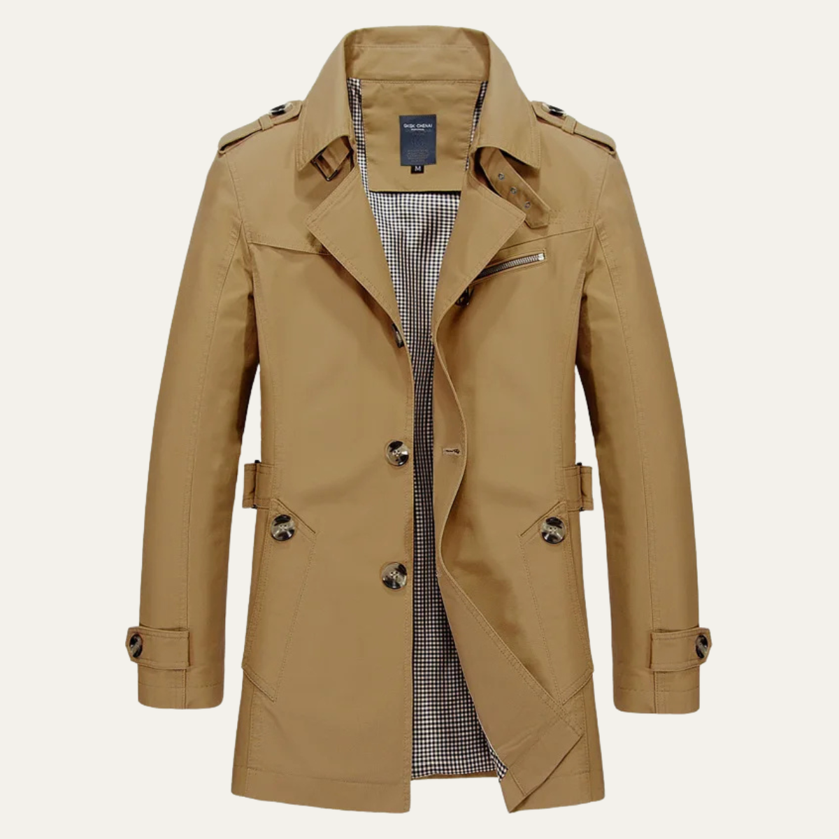Men's khaki trench coat front view with double-breasted buttons and flap pockets