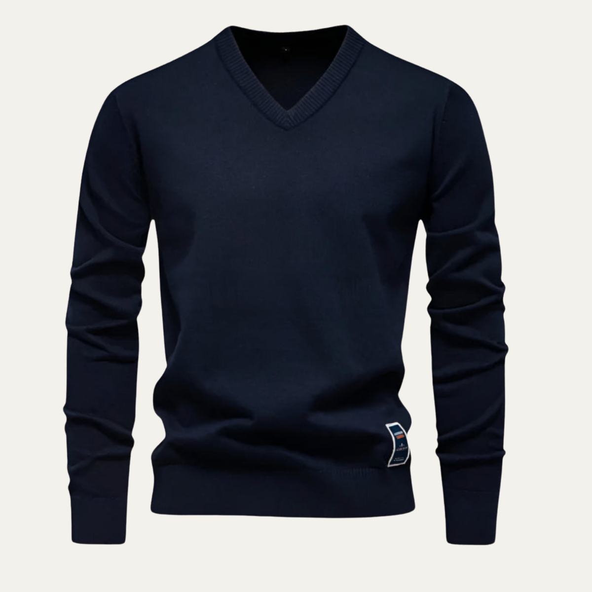 Men's V-neck knit sweater, navy blue with ribbed cuffs and hem.