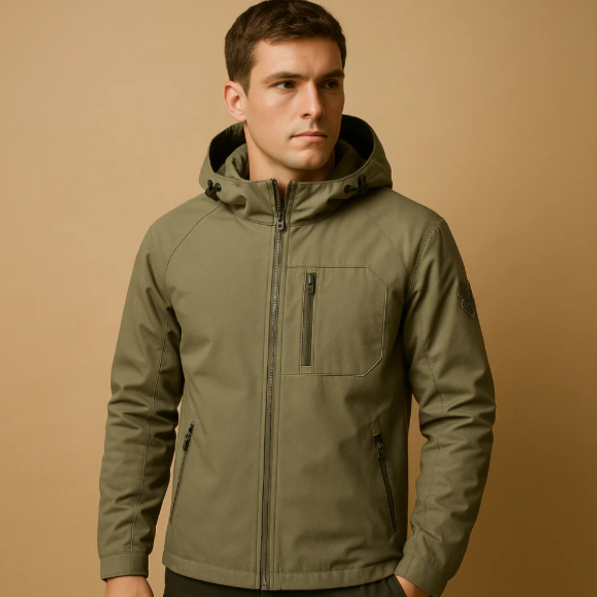 Khaki hooded windbreaker jacket with full-length zipper and front pockets