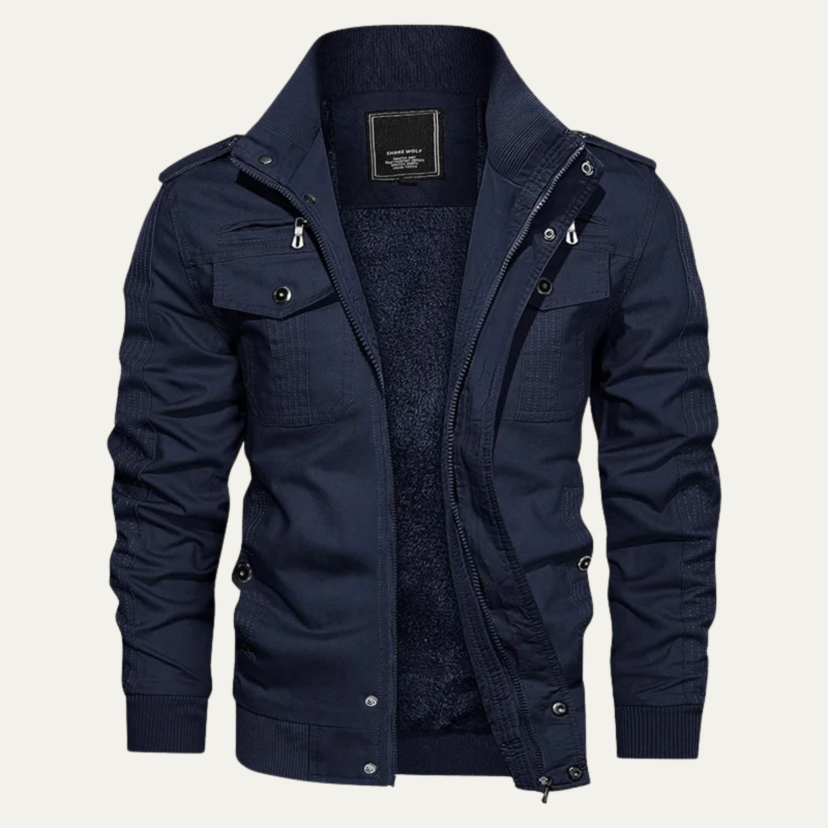Navy blue men’s thermal zip-up fleece-lined jacket with stand collar and chest pockets