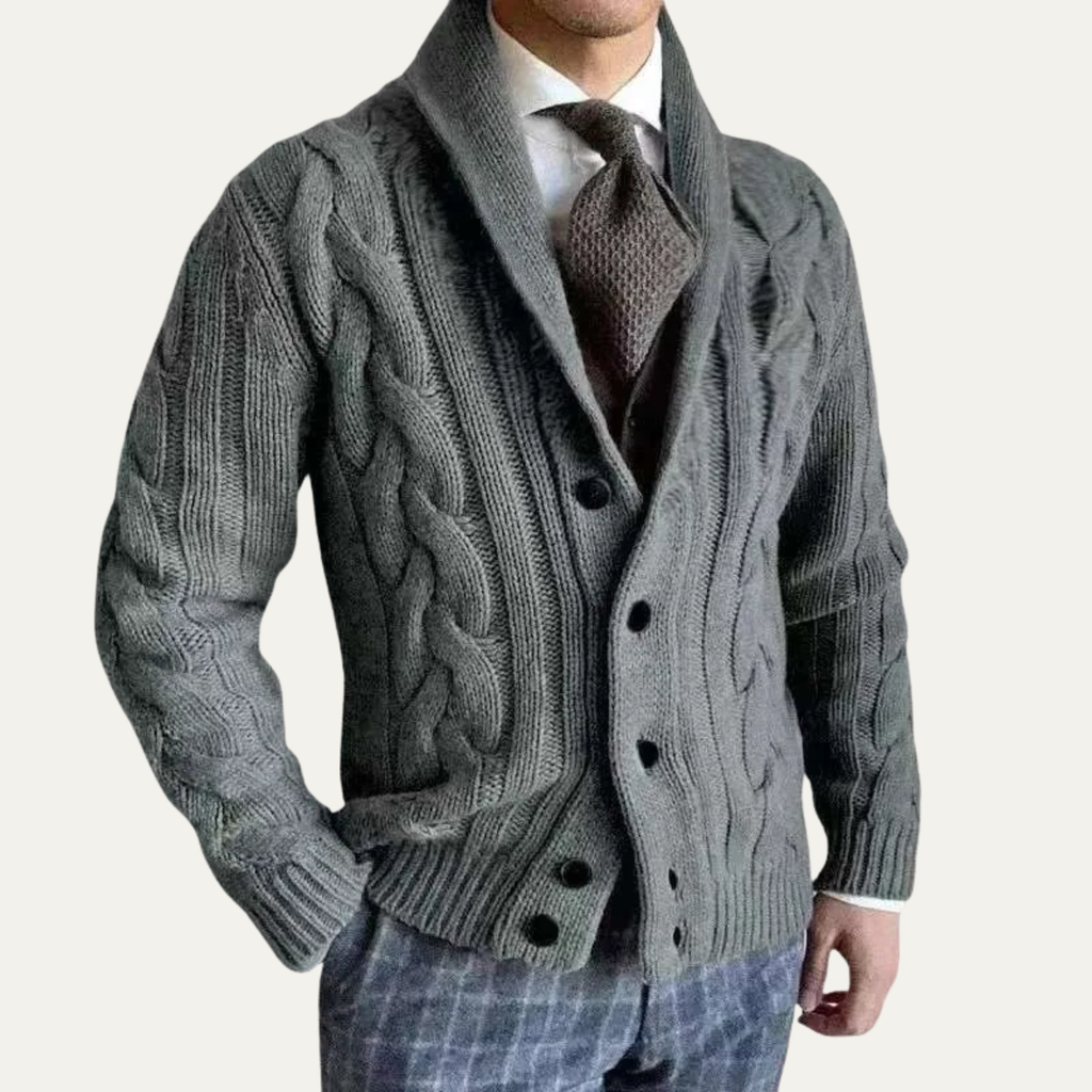 Dark gray cable knit shawl-collar cardigan with button front and long sleeves