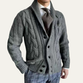 Dark gray cable knit shawl-collar cardigan with button front and long sleeves