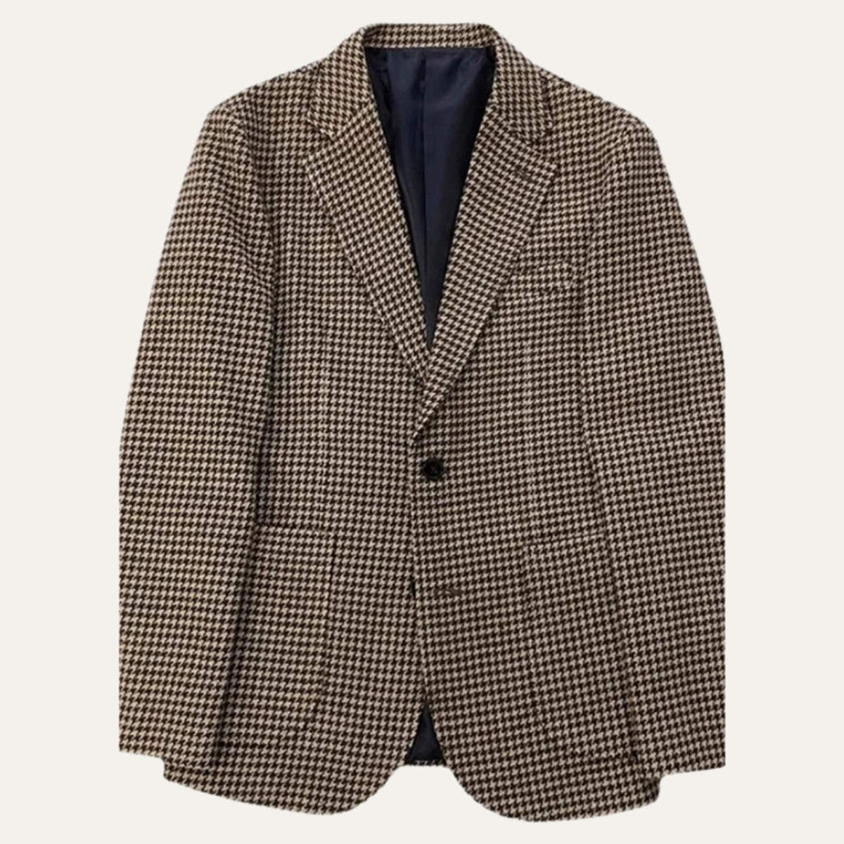 Men's brown houndstooth tweed blazer, single-breasted with dark interior lining, flat view
