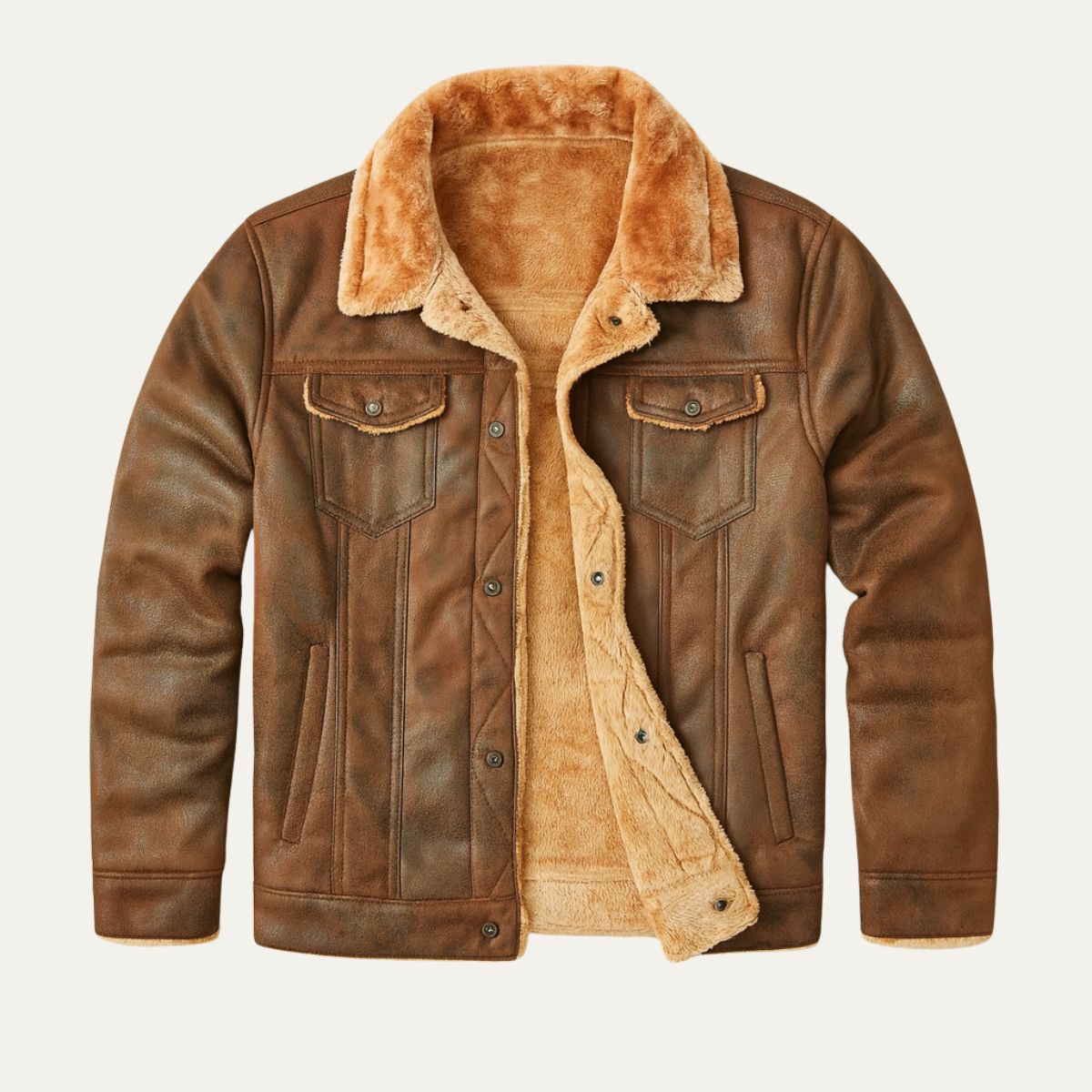 Men's suede sherpa-lined jacket in brown, button front, sherpa collar and lining