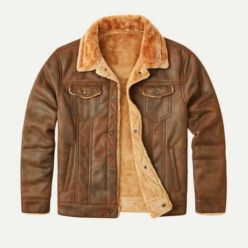 Men's suede sherpa-lined jacket in brown, button front, sherpa collar and lining