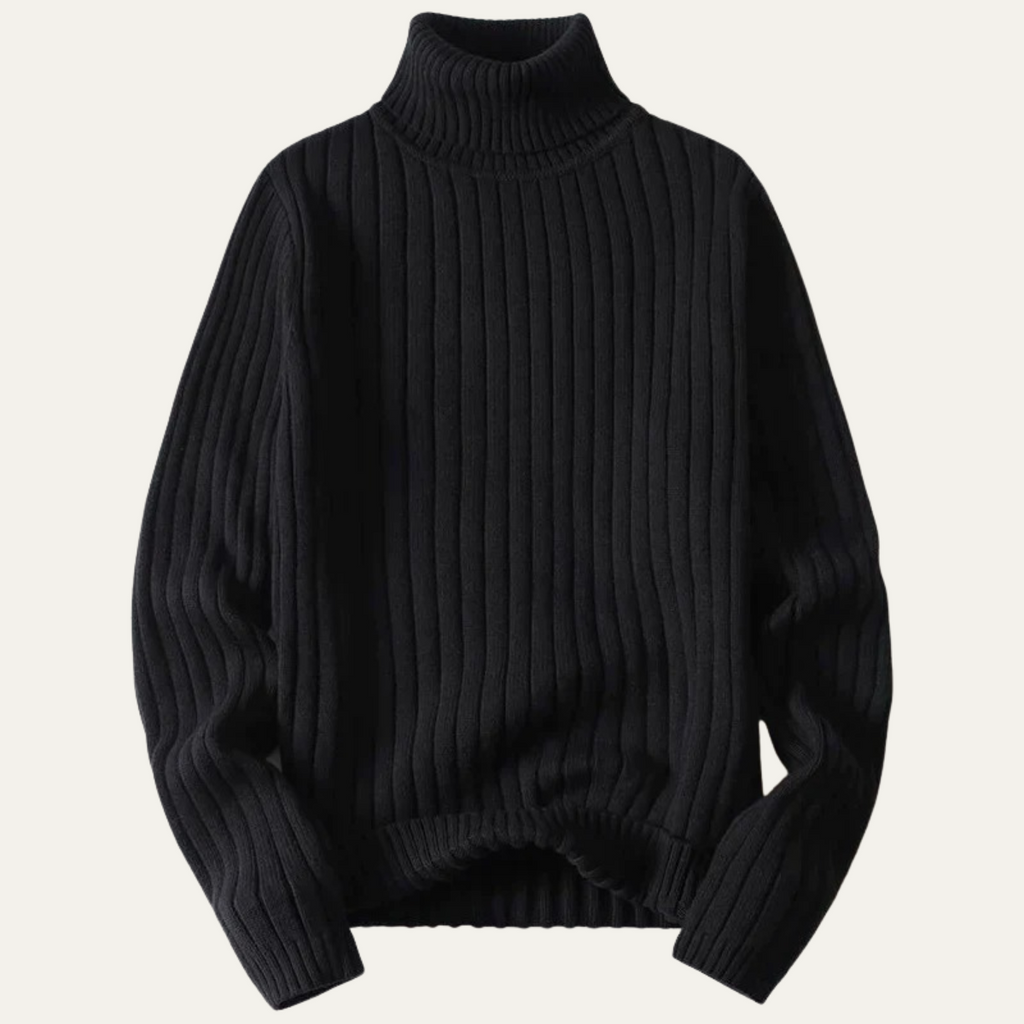 Men's black ribbed turtleneck knit sweater, long sleeves, folded cuffs