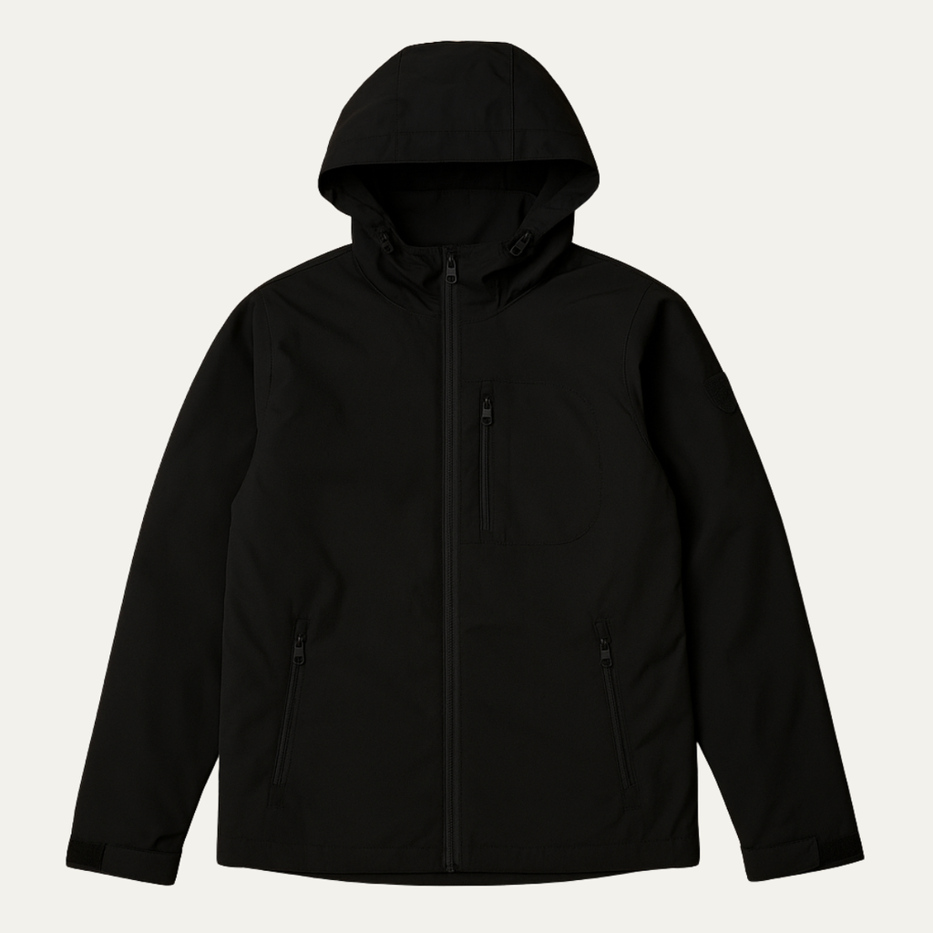 Black hooded windbreaker jacket with full-length zipper and side-entry pockets