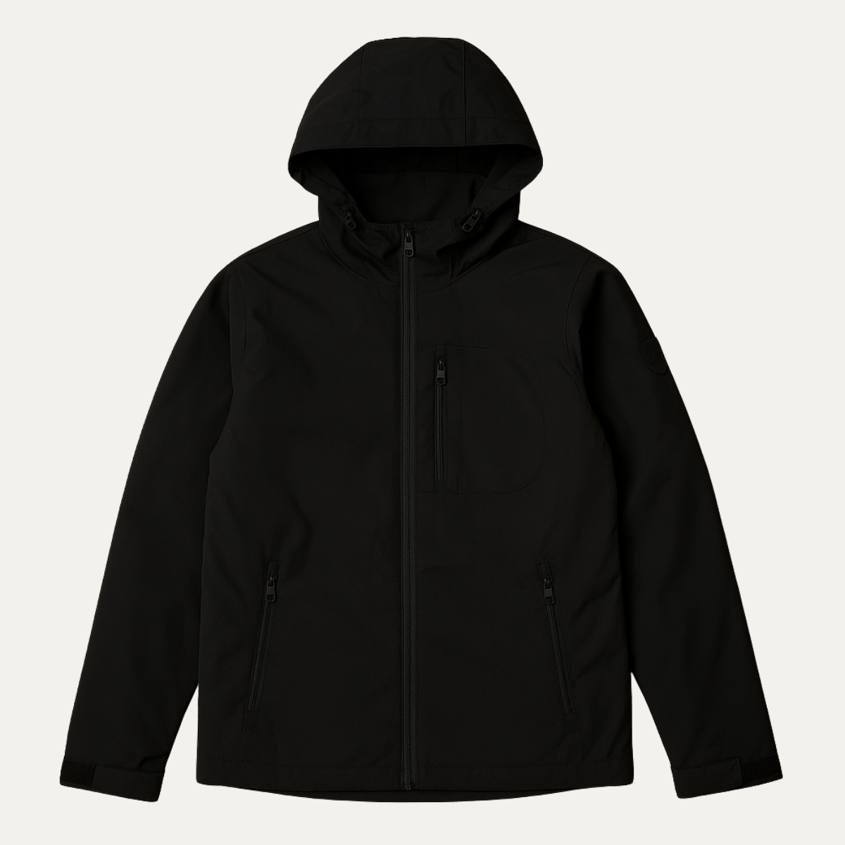 Black hooded windbreaker jacket with full-length zipper and side-entry pockets
