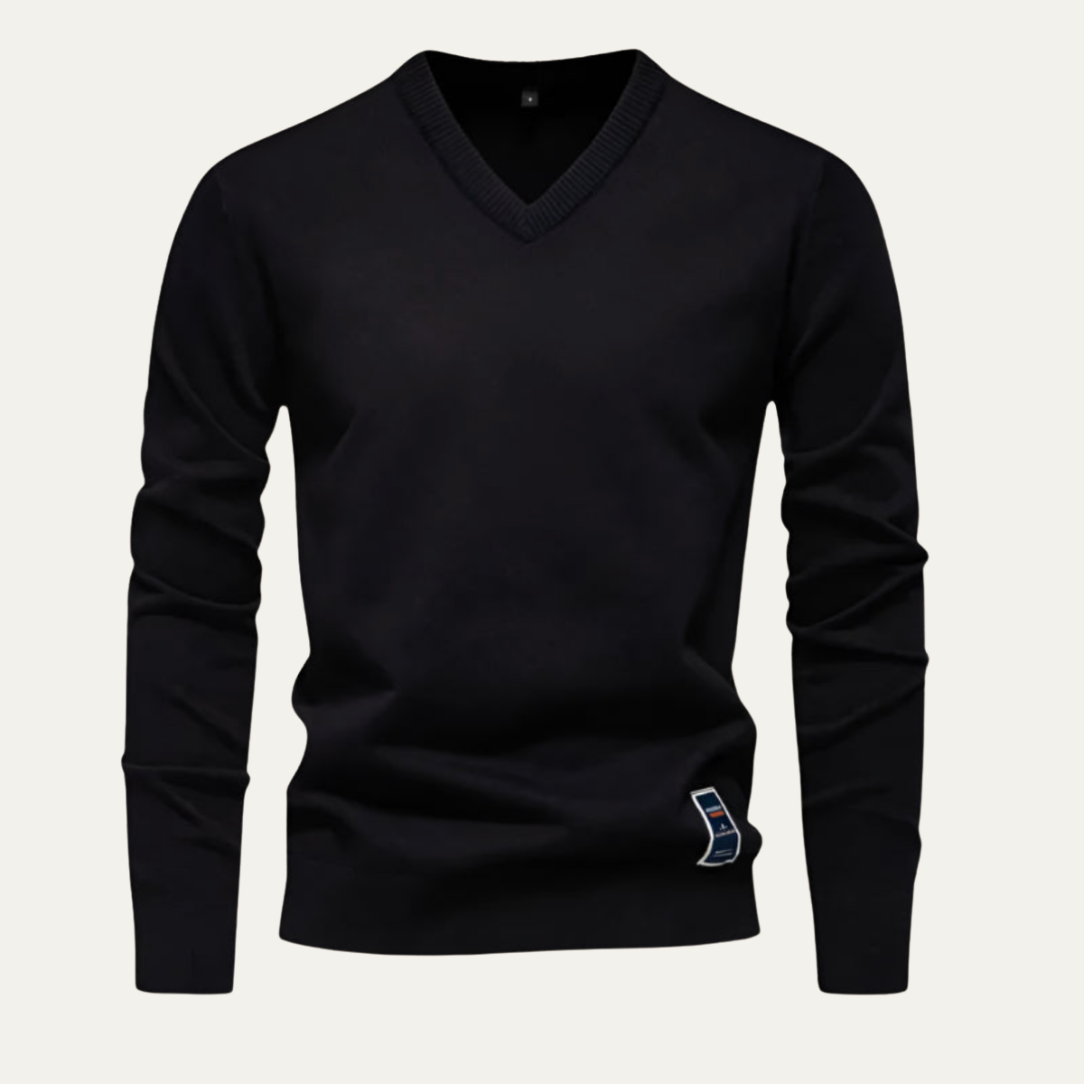 Men's V-neck knit sweater, black with ribbed cuffs and hem.