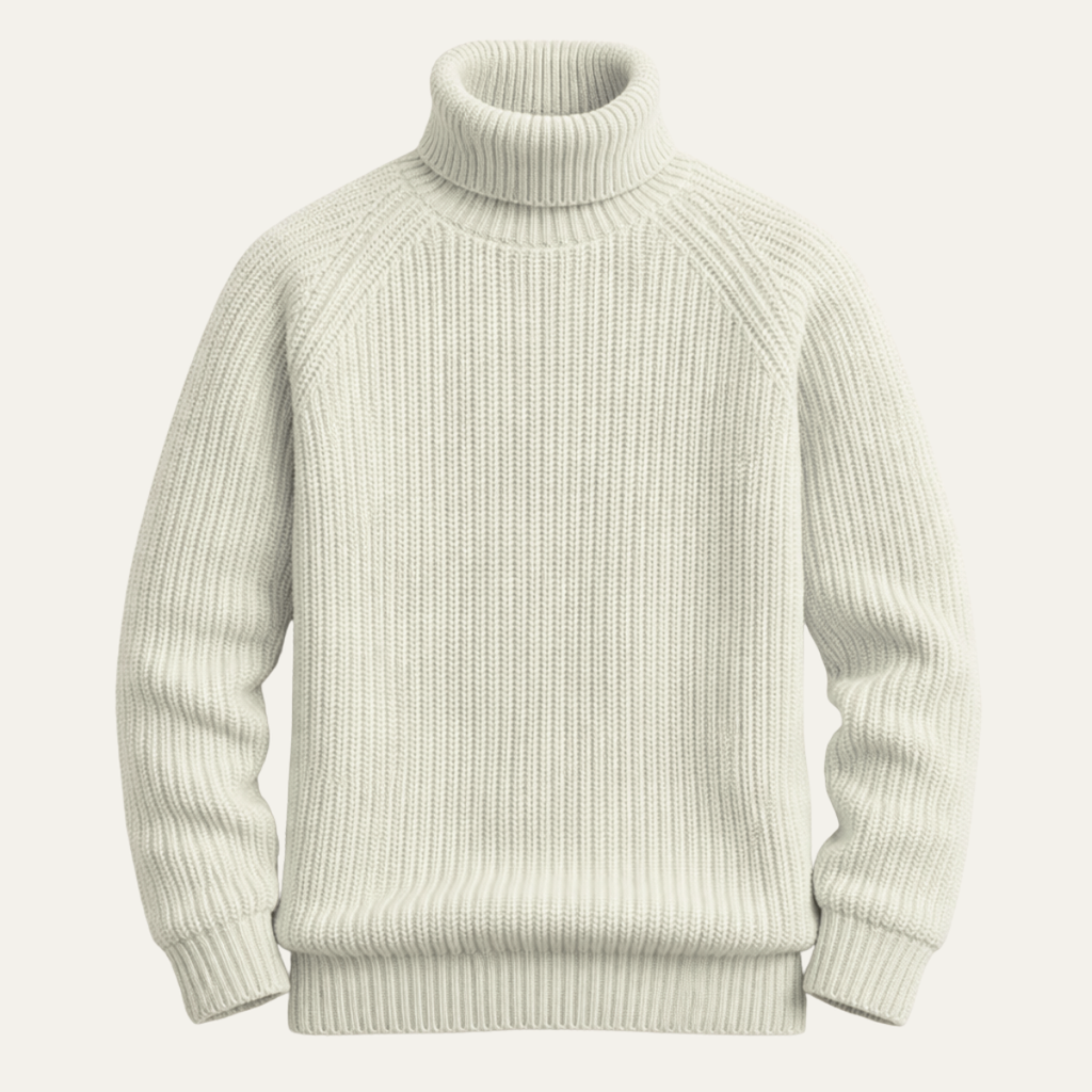 Men's chunky turtleneck warm sweater, off-white cable-knit ribbed collar and cuffs