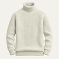 Men's chunky turtleneck warm sweater, off-white cable-knit ribbed collar and cuffs