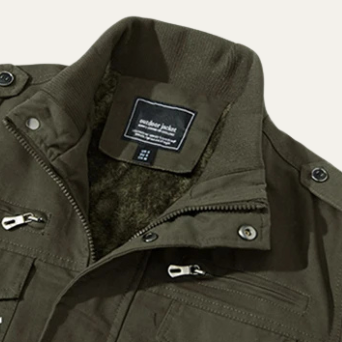 Olive fleece-lined thermal zip jacket with interior tag and stand collar