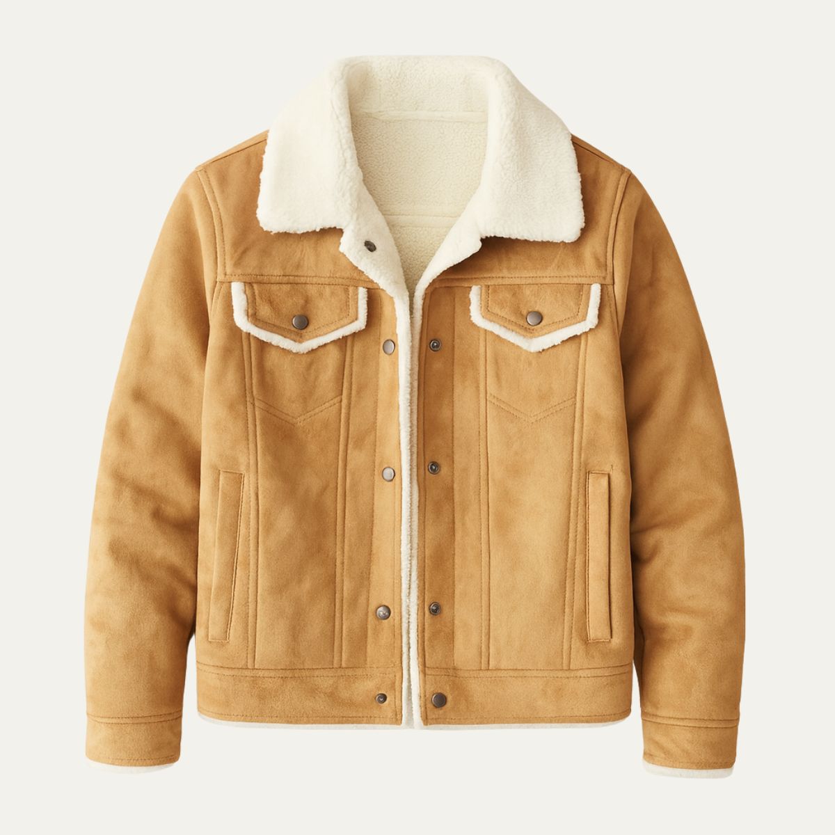 Men's suede sherpa-lined jacket in khaki, button front, sherpa collar, chest pockets