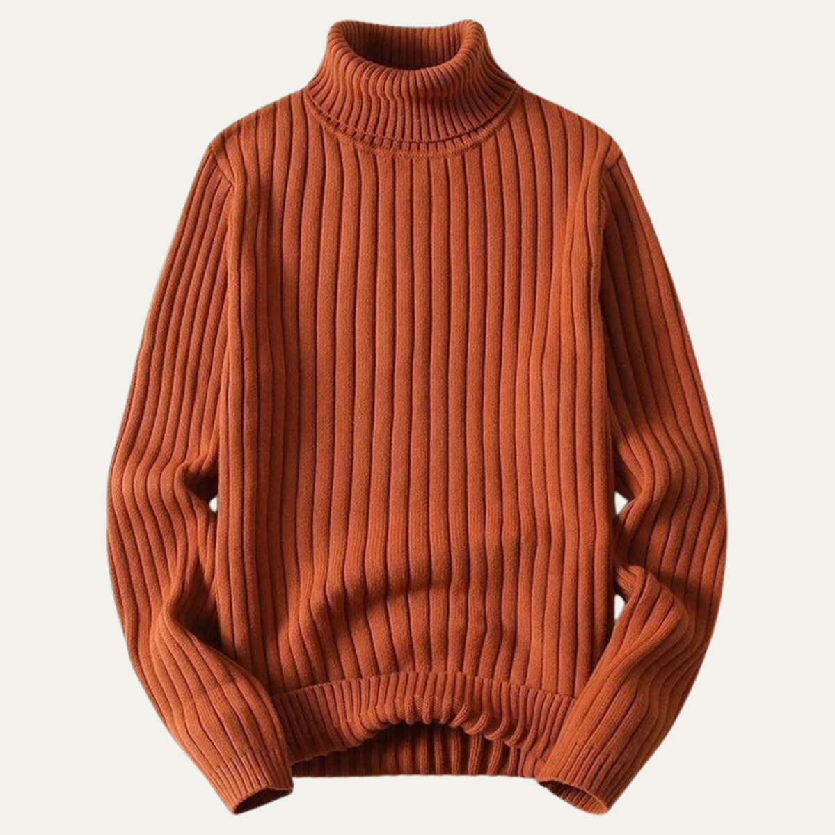 Men's rust orange ribbed turtleneck knit sweater, long sleeves