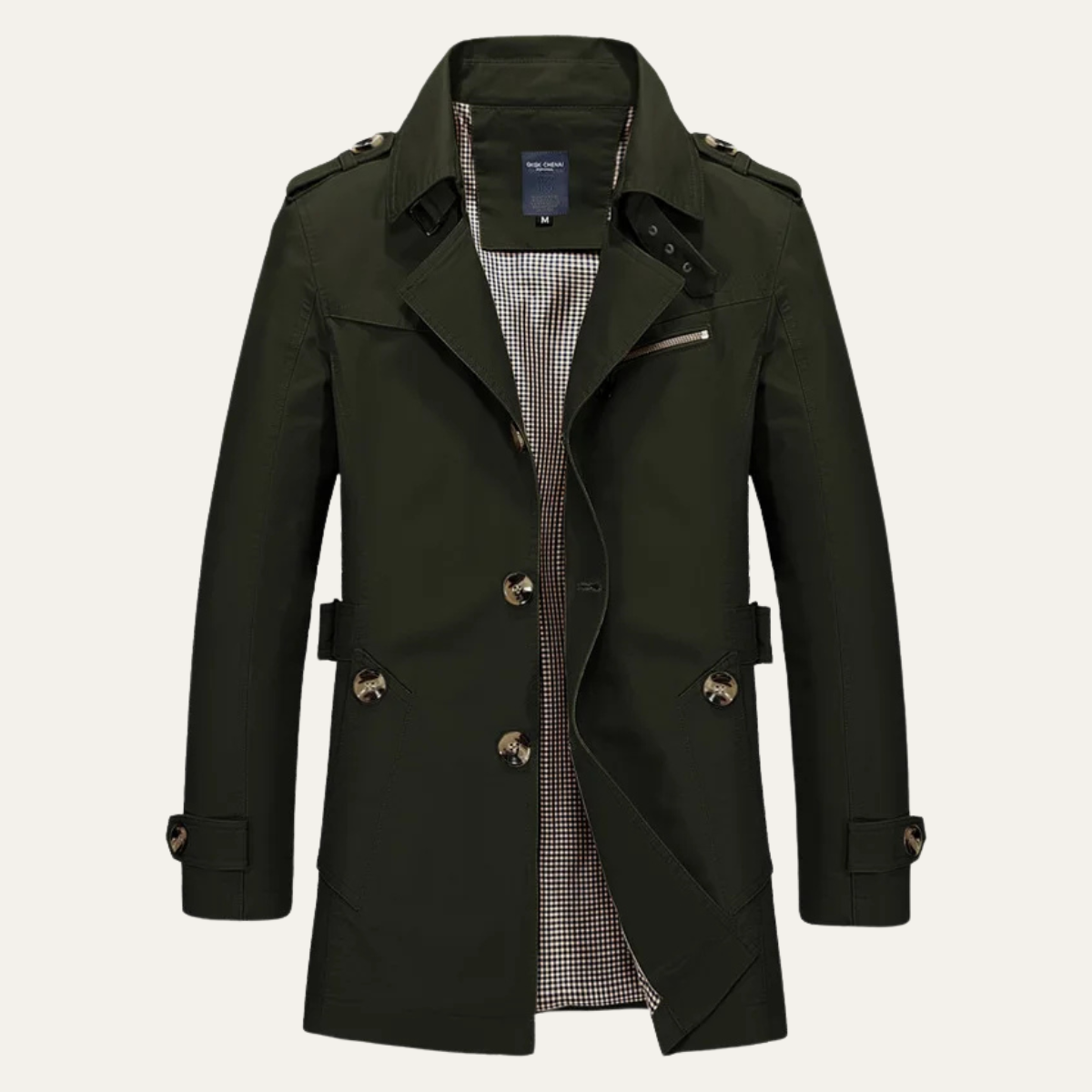 Men's double-breasted waterproof trench coat, dark green, notched lapels