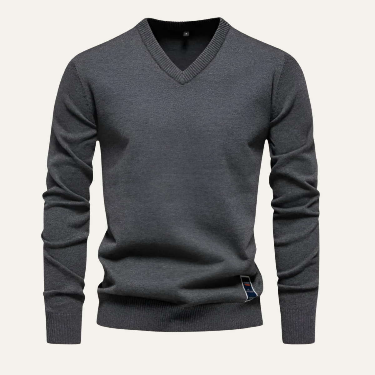 Men's V-neck knit sweater, dark gray with ribbed cuffs and hem.
